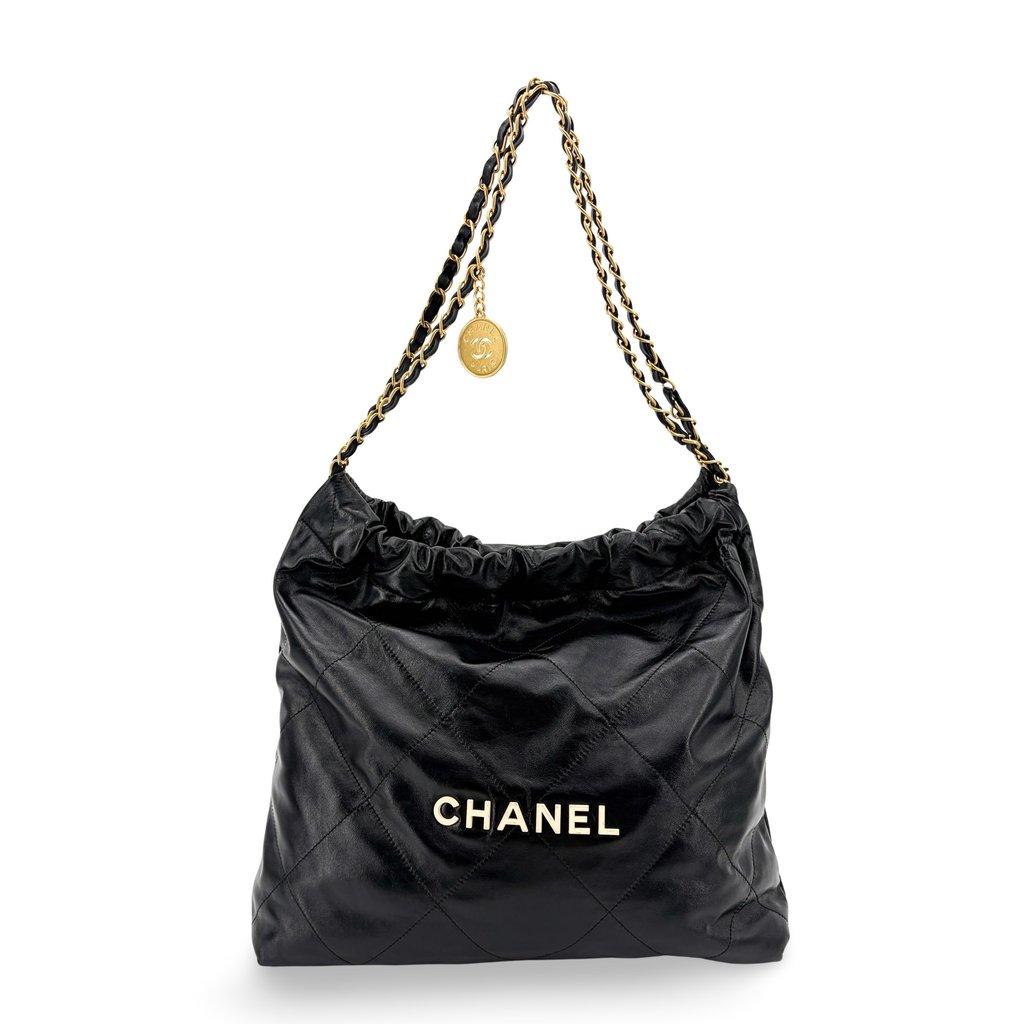 Chanel 22 Handbag Shiny Calfskin Black Gold Hardware