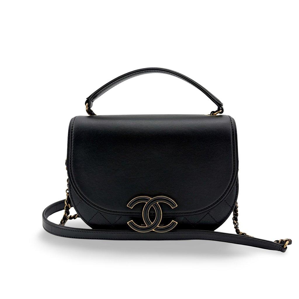 Chanel Lambskin Round Flap Top Handle Bag Black Gold Hardware