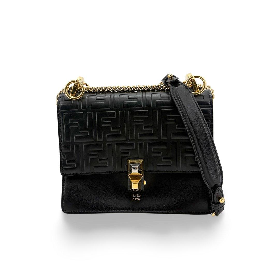 Fendi FF Embossed Khan Yu Medium Shoulder Bag Black Gold Hardware