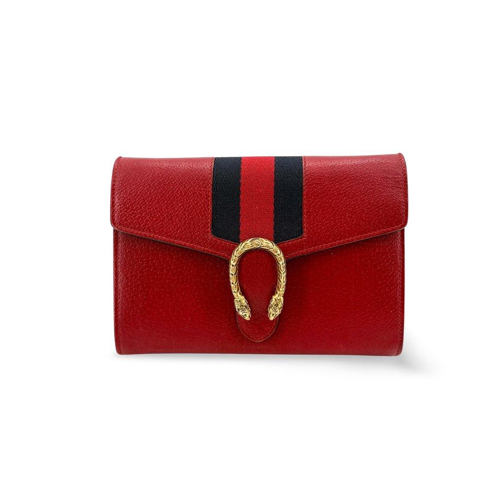 Gucci Dionysus Web Stripe Leather Chain Wallet Red