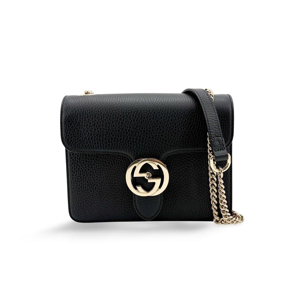 Gucci Interlocking G Mini Chain Shoulder Bag Black Gold Hardware