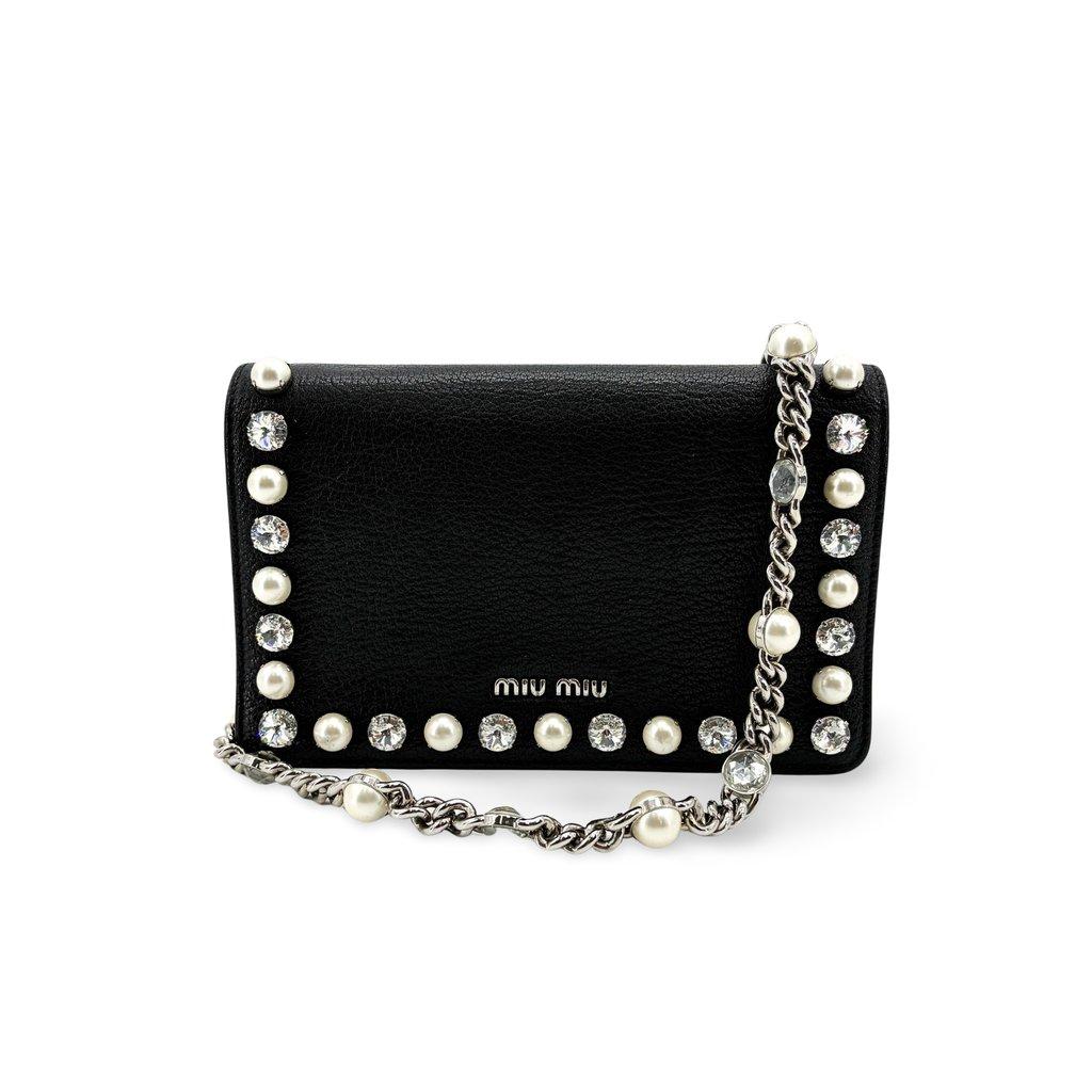 Miu Miu Madras Leather Crystal Pearl Shoulder Bag Black Silver