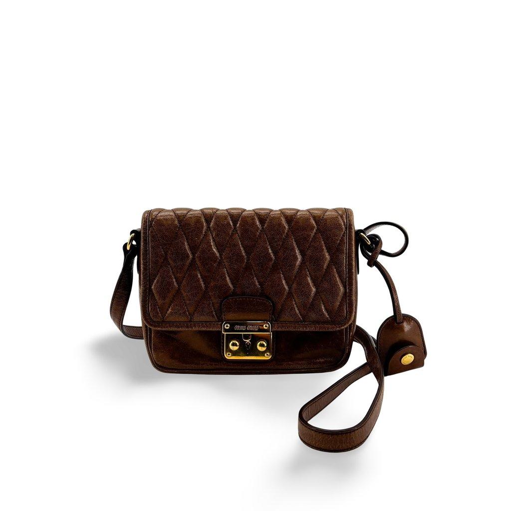 Miu Miu Diamond Quilted Vintage Leather Crossbody Bag Brown