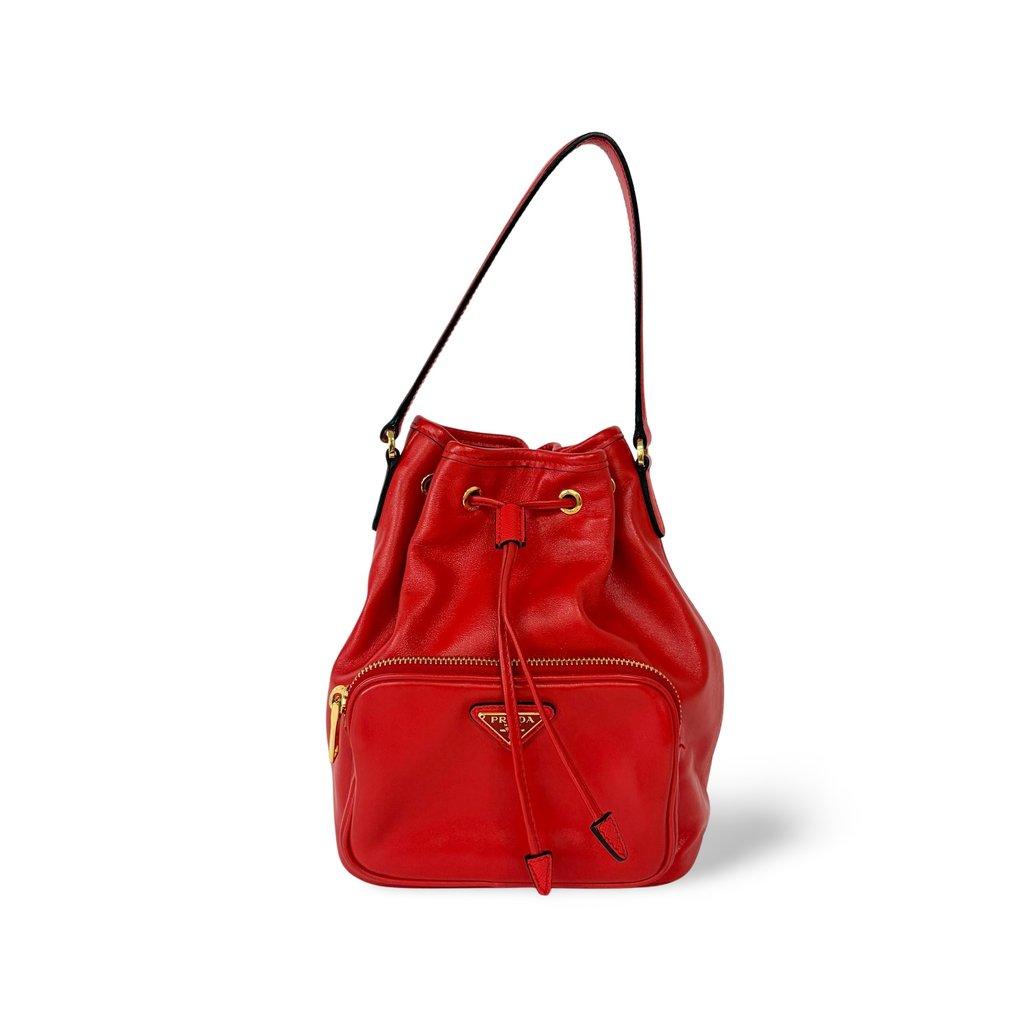 Prada Triangle Logo Leather Bucket Bag Red Gold Hardware