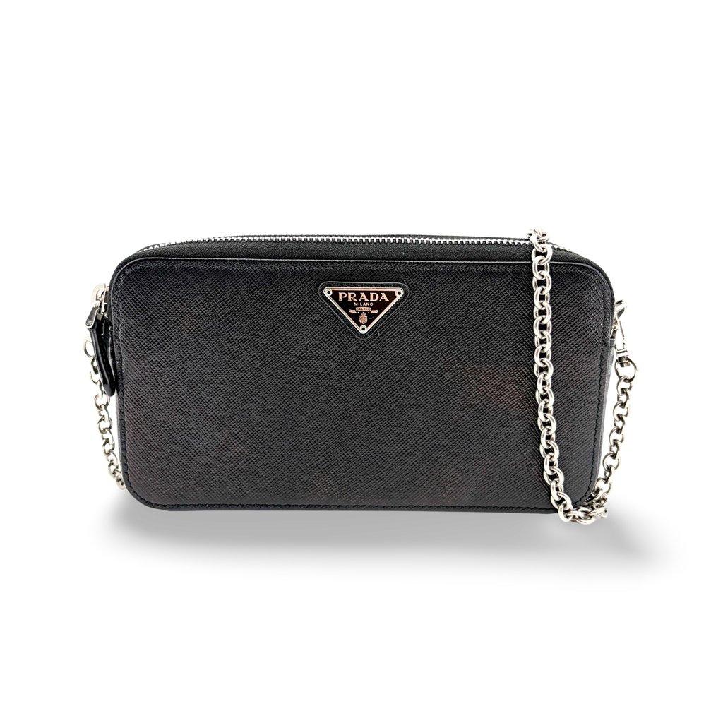 Prada Saffiano Leather Mini Chain Shoulder Bag Black