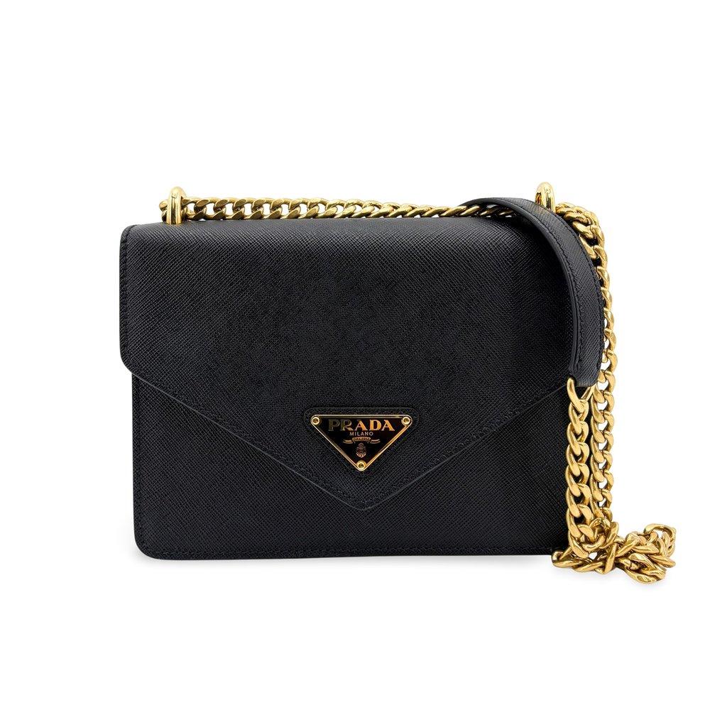 Prada Saffiano leather chain shoulder bag black with gold hardware