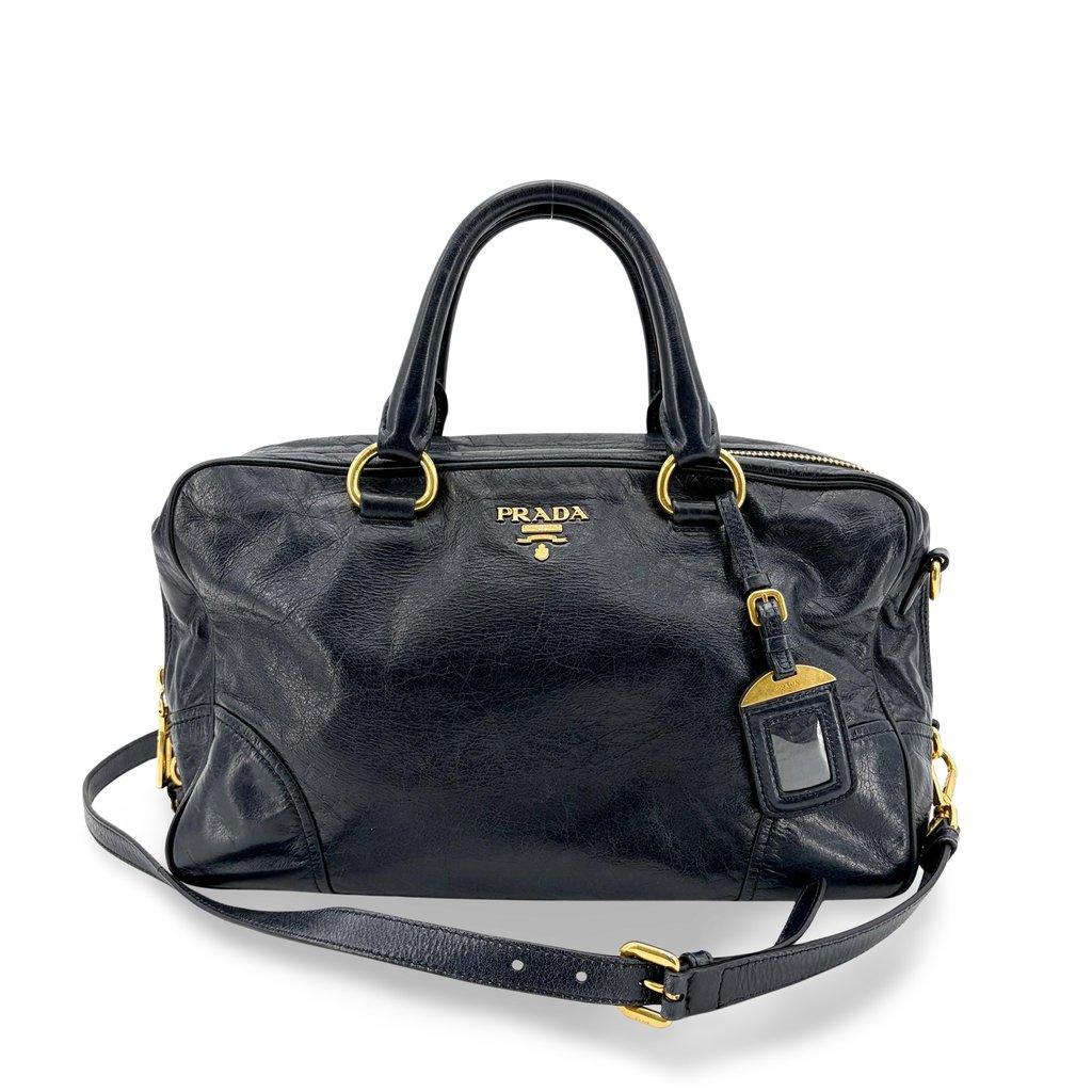 Prada Vitello Shine Boston Bag Navy Gold Hardware