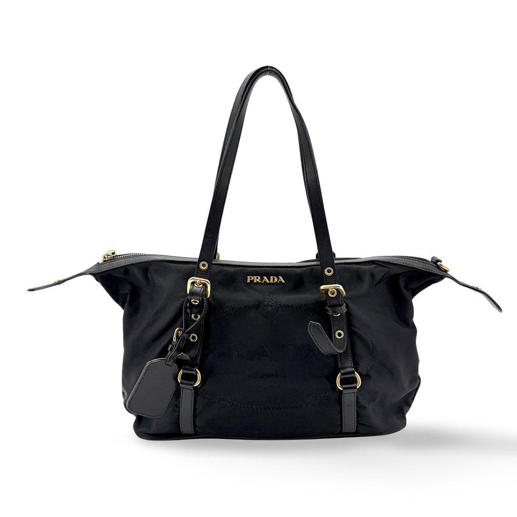 Prada Tessuto Nylon Saffiano Trimmed Shopper Bag Black Gold Hardware