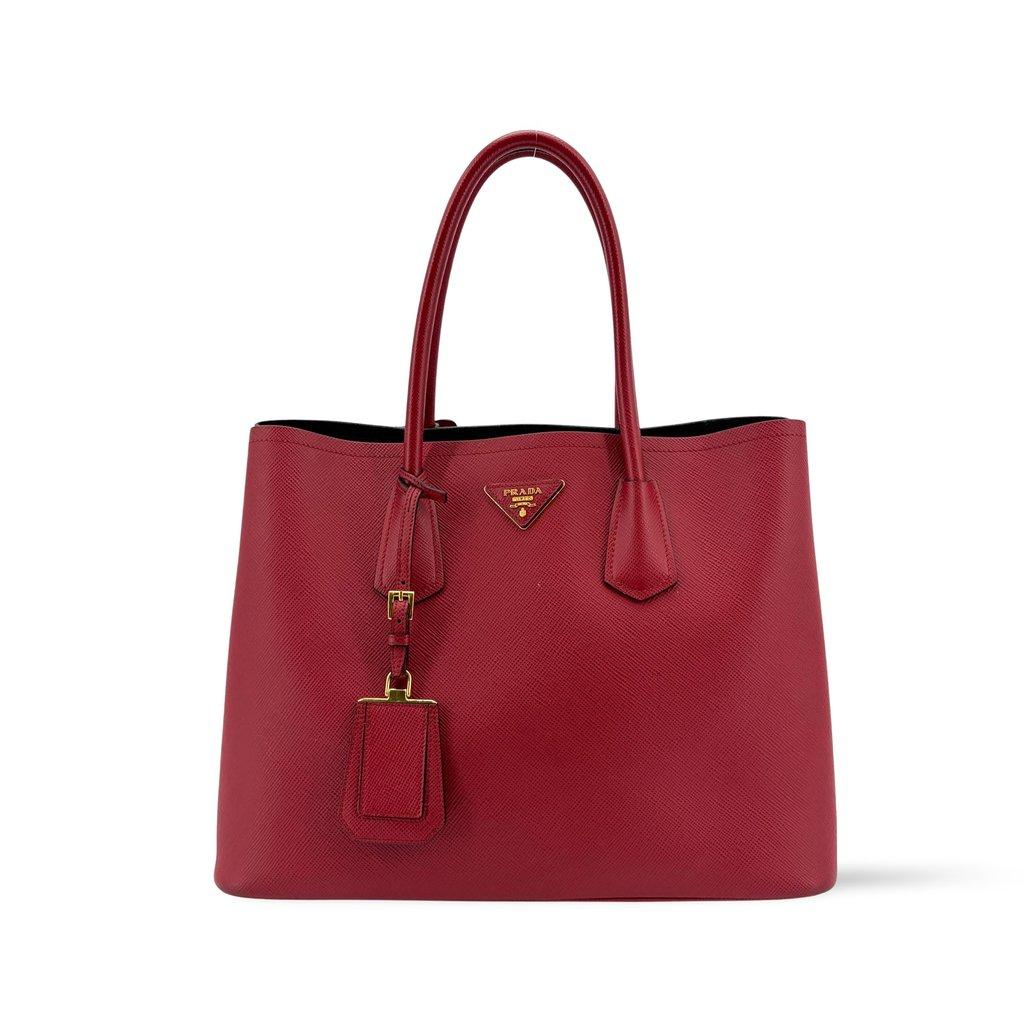 Prada Saffiano Double Tote Bag Red Gold Hardware