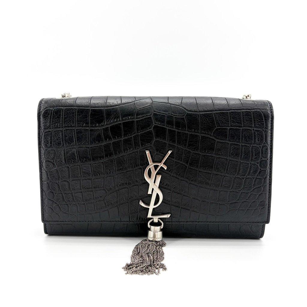 Saint Laurent Medium Kate Tassel Shoulder Bag Crocodile Embossed Black Silver Hardware