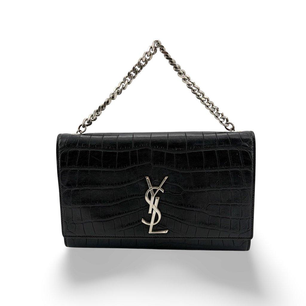 Saint Laurent Kate Medium Croc Embossed Shoulder Bag Black with Silver Hardware