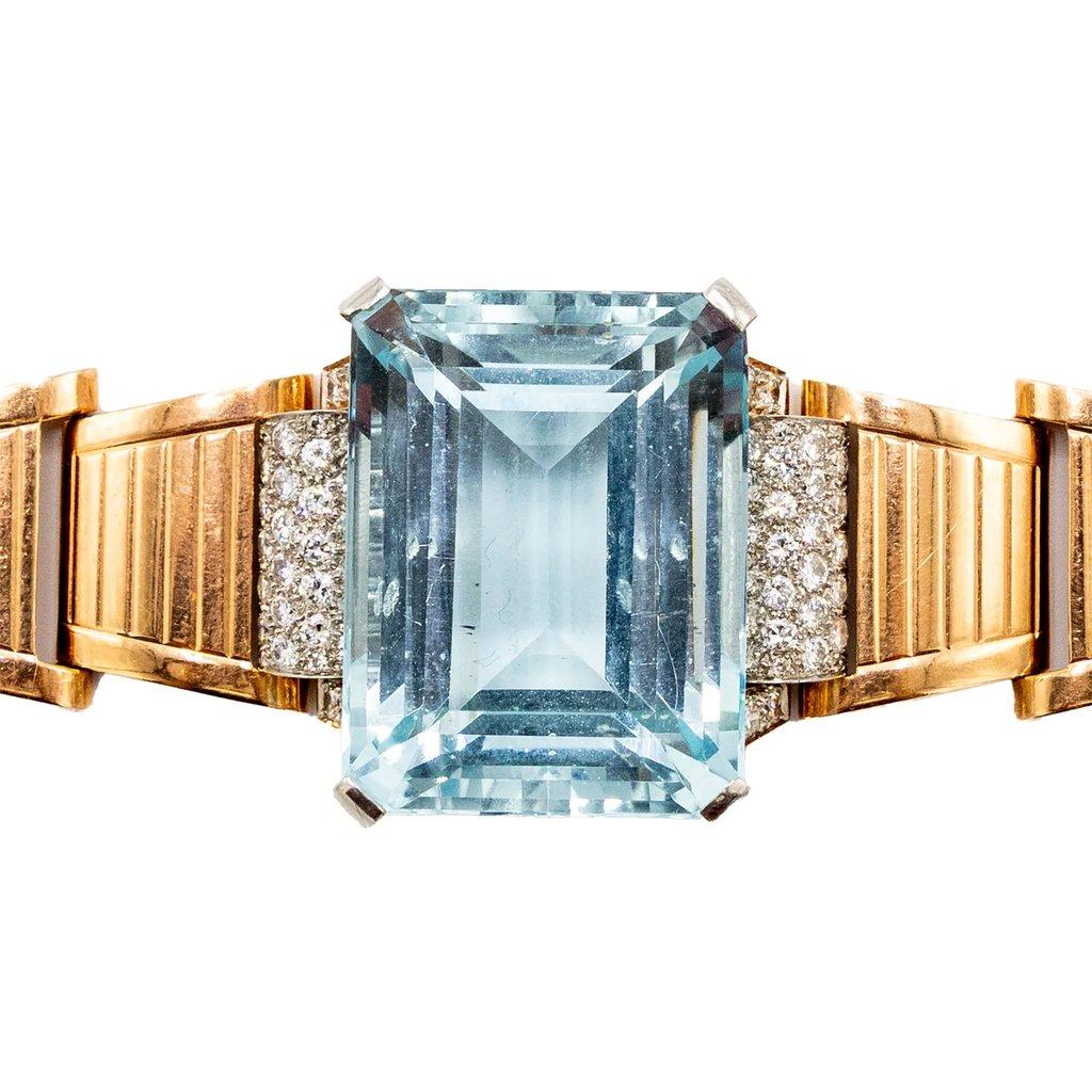 Unsigned Retro 18k Gold Bracelet with Aquamarine and Diamonds – '40s