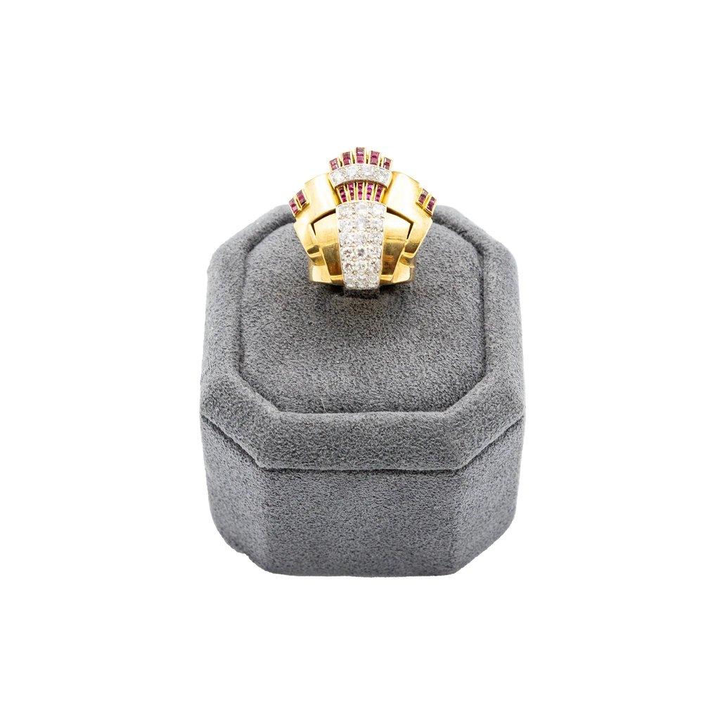 Unsigned Retro 18K Gold Cocktail Ring with Diamonds and Rubies - '40s