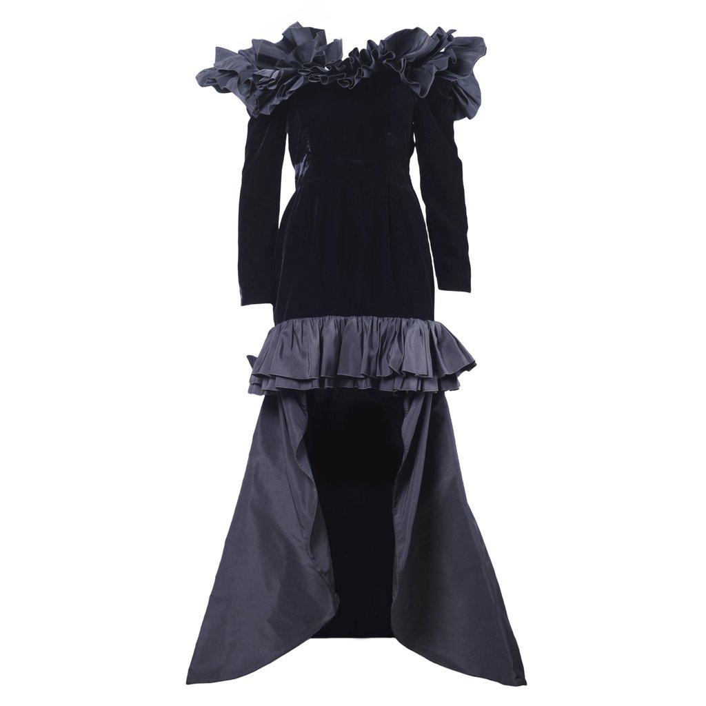 Yves Saint Laurent Black Velvet Dress with Ruffle Shoulders and High-Low Skirt - '80s