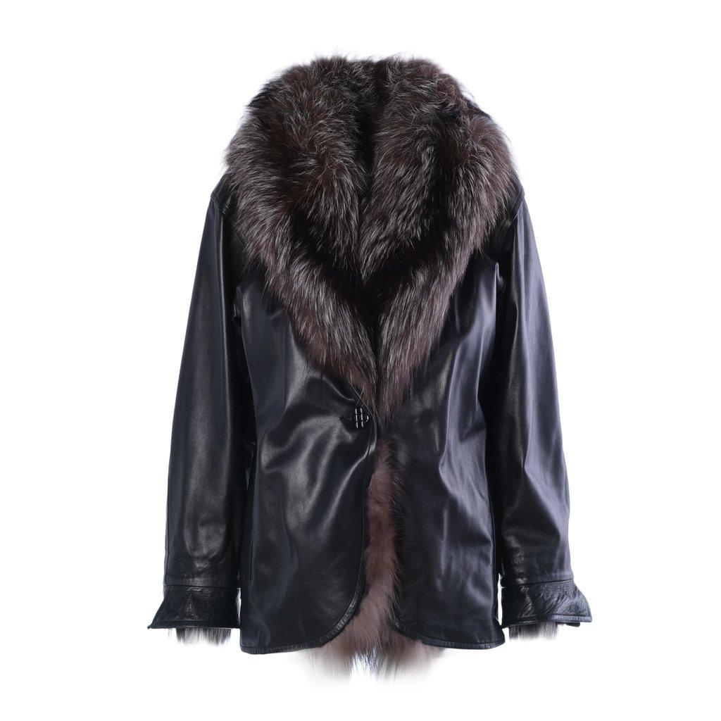 Yves Saint Laurent Black Leather Coat with Silver Fox Fur Trim -'90s