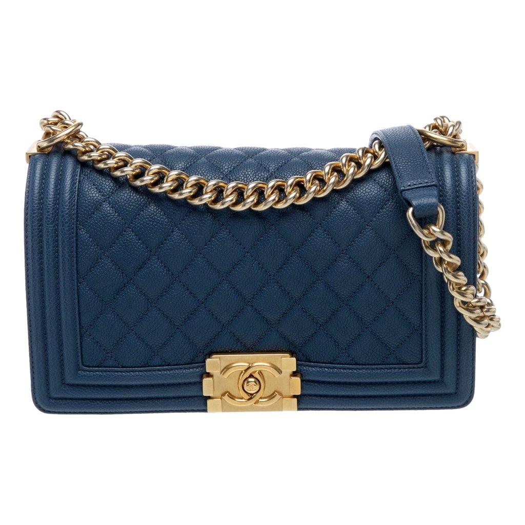 Chanel Chanel Medium Boy Bag in Dark Blue Caviar Leather with Gold Tone Hardware