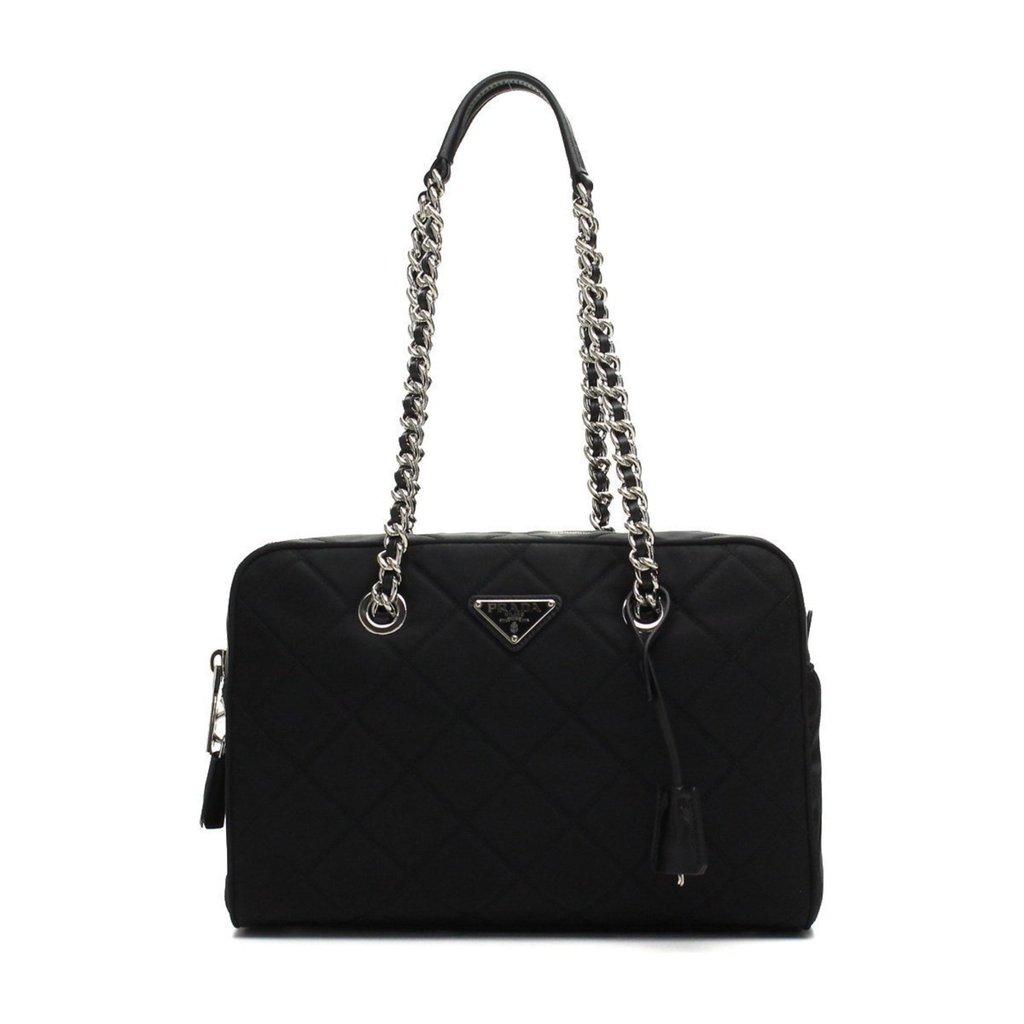 Prada Prada Black Quilted Tessuto Nylon Shoulder Bag Chain Handles Lock and Key