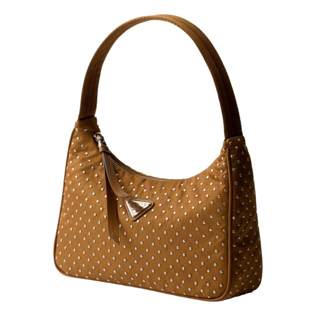 Prada Prada Re-Edition Studded Nylon Mini Shoulder Bag in Brown with Silver Hardware