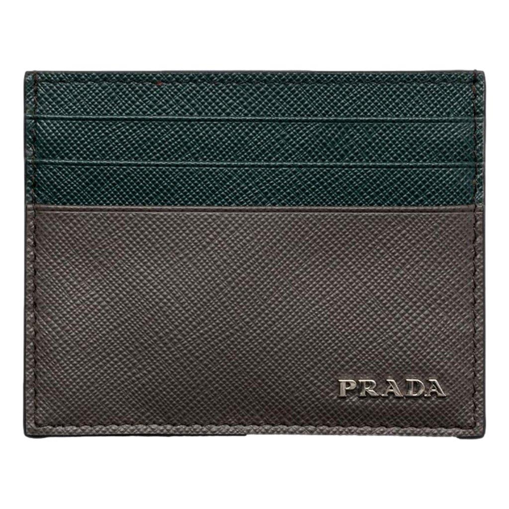 Prada Prada Saffiano Dark Green Gray Leather Small Card Holder Wallet