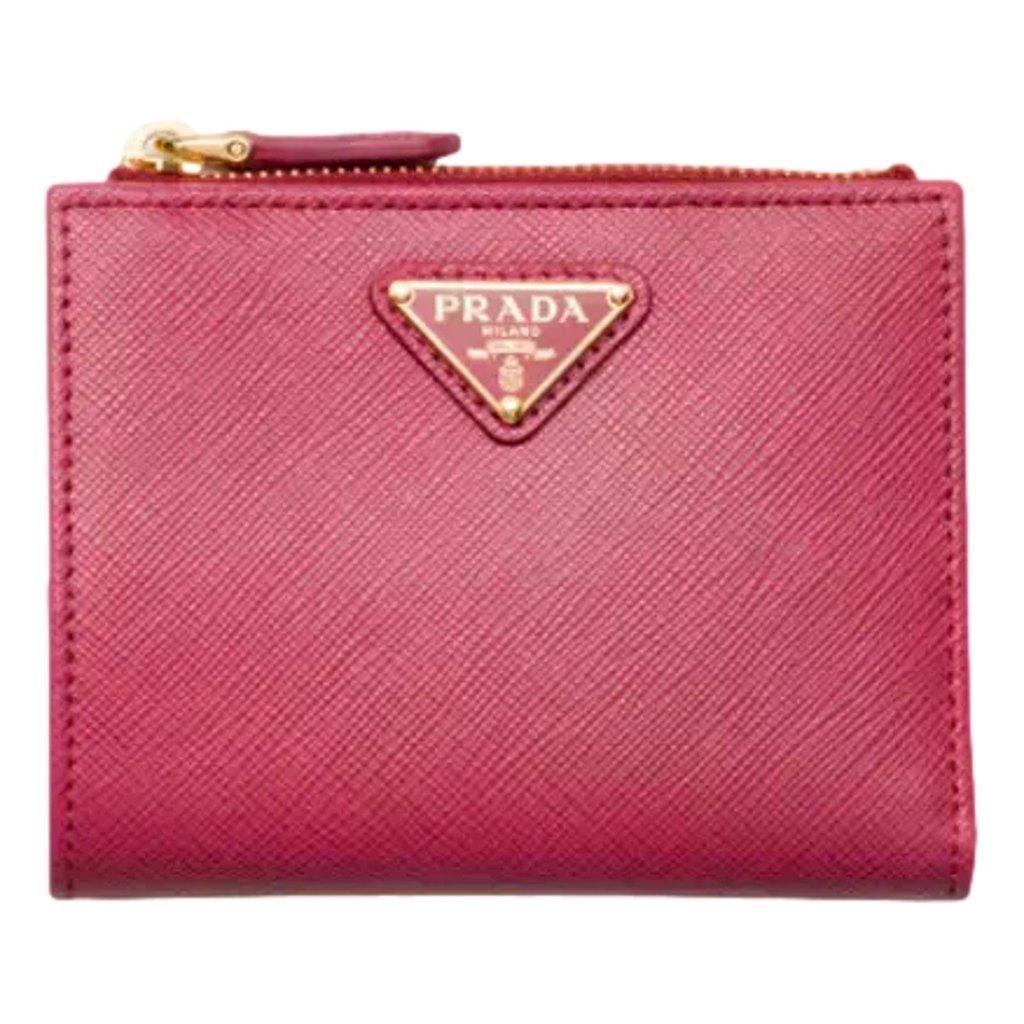 Prada Prada Saffiano Dark Pink Gold Snap Bifold Zip Coin Pocket Wallet