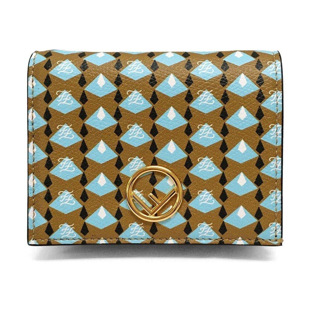 Fendi Fendi Calf Leather F Logo Blue Brown Small Bifold Wallet