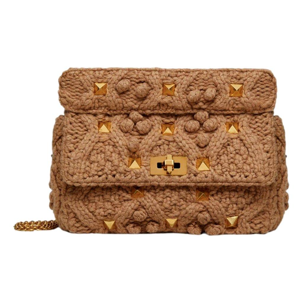 Valentino Garavani Valentino Garavani Roman Stud Large Shoulder Bag Brown Cashmere Knit Gold Hardware