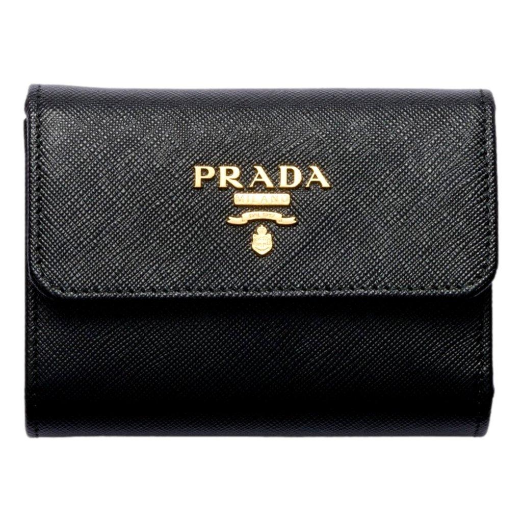 Prada Prada Saffiano Leather Black Hibiscus Multicolor Trifold Coin Zipper Card Snap Wallet