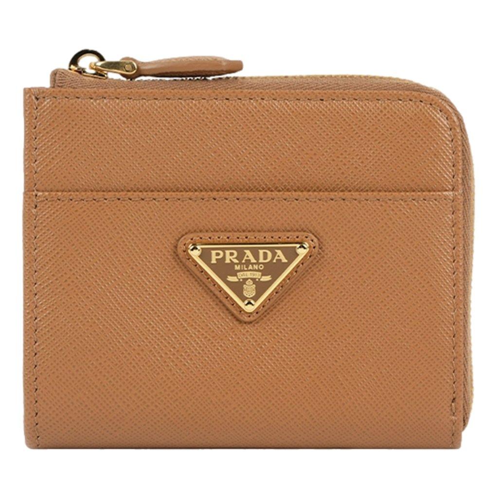Prada Prada Saffiano Caramel Brown Triangle Logo Zipper Card Holder Wallet