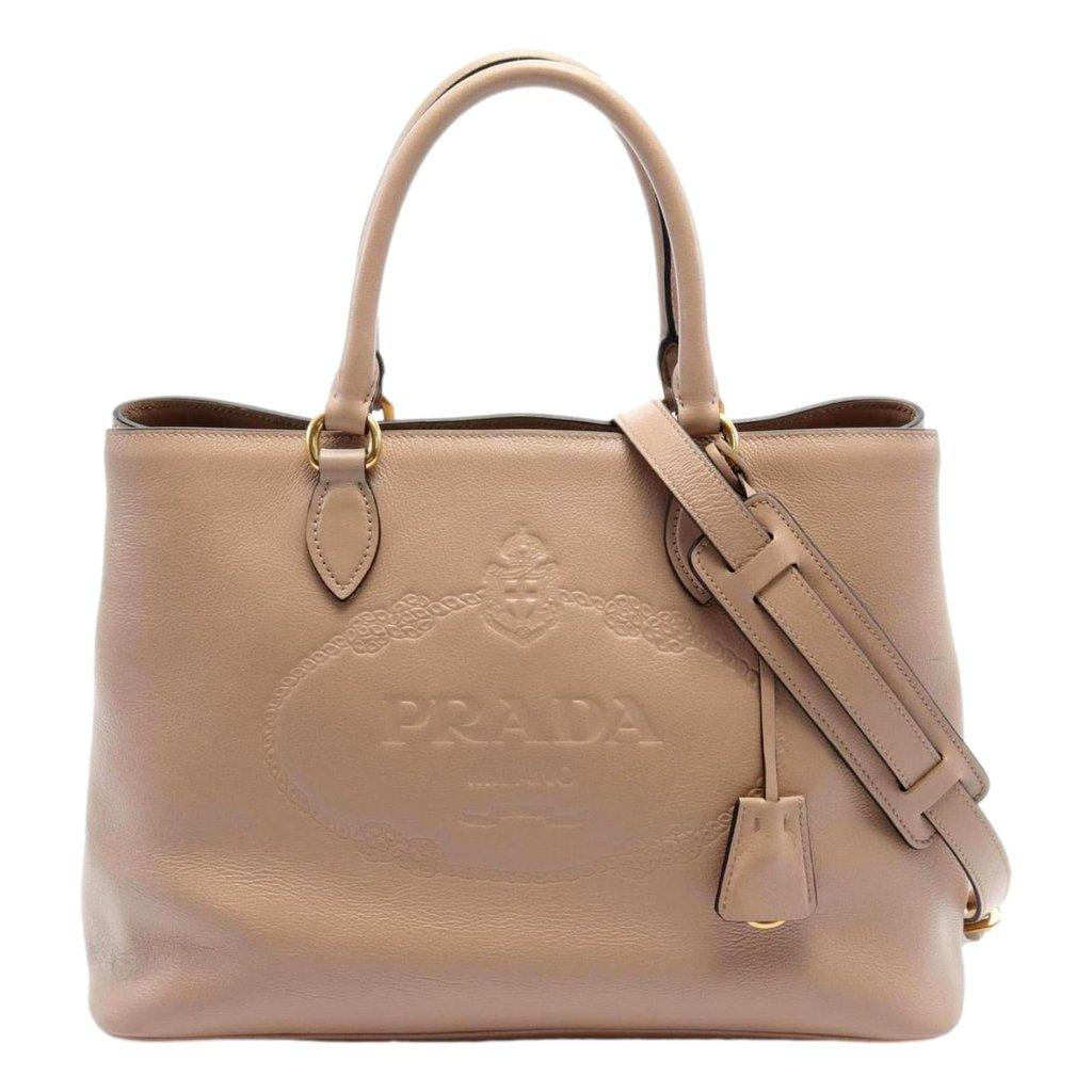 Prada Prada Embossed Logo Soft Leather Handbag Shopper Tote Cammeo Beige