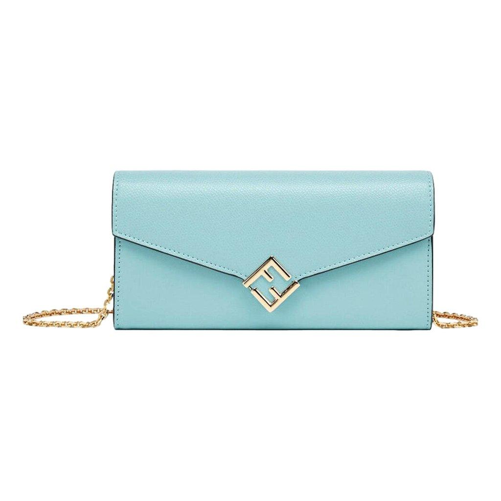 Fendi Fendi FF Diamonds Light Blue Calfskin Leather Continental Wallet on Chain Gold Hardware