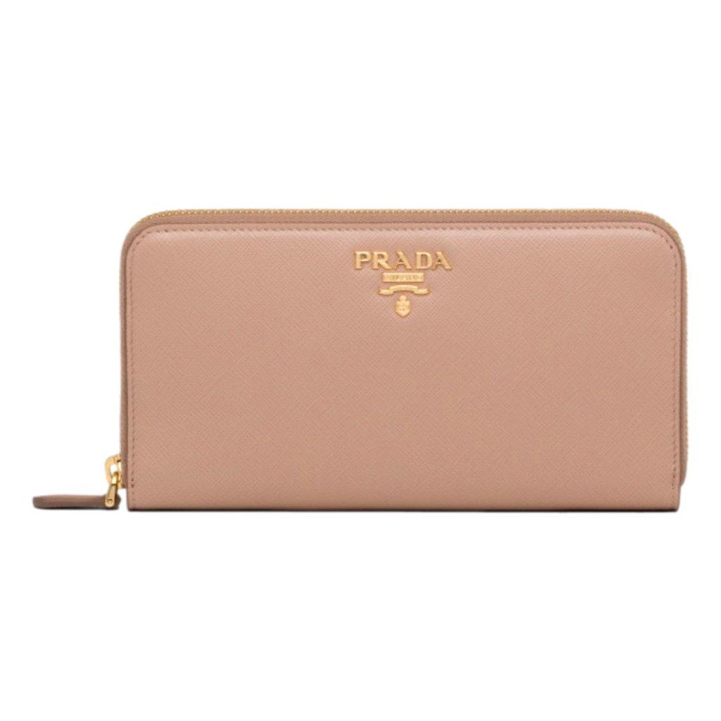Prada Prada Saffiano Beige Red Multicolor Leather Continental Zip Around Wallet