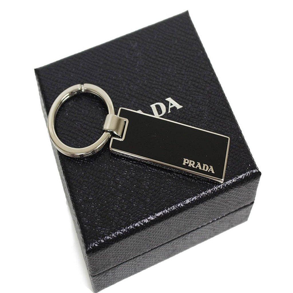 Prada Prada Nero Black Rectangle Enamel Silver Metal Keyring Keychain Charm