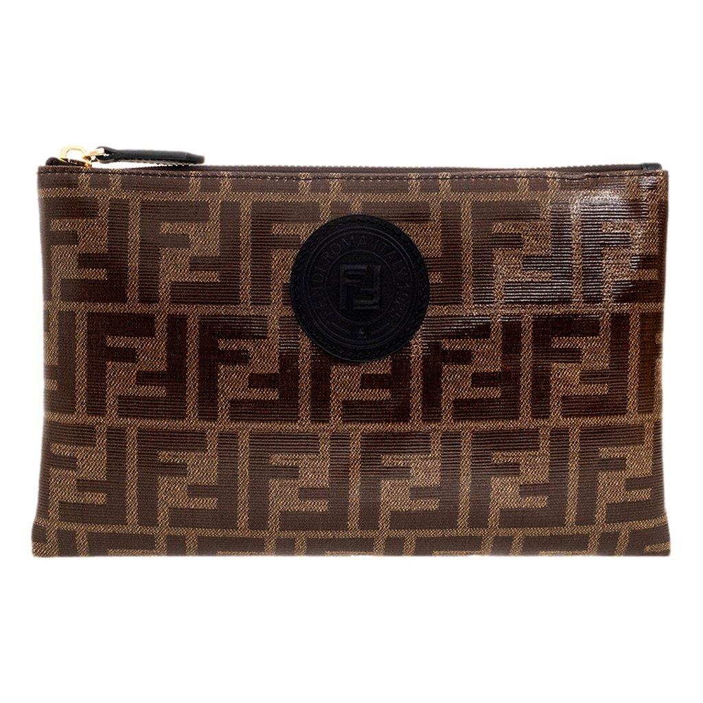Fendi Fendi FF Zucca Brown Coated Canvas Flat Zipper Pouch Clutch
