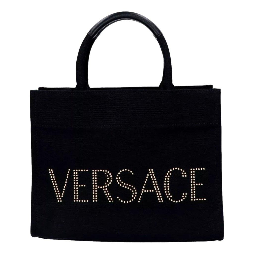 Versace حقيبة فيرساتشي ميني توت نيرو سوداء من القماش مزينة بشعار مرصع، حقيبة كروسبودي