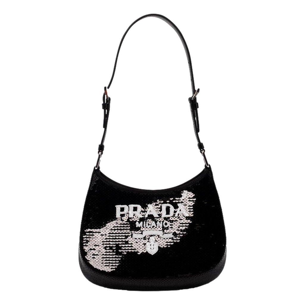 Prada Prada Cleo Black and White Sequin Milano Logo Mini Leather Shoulder Bag