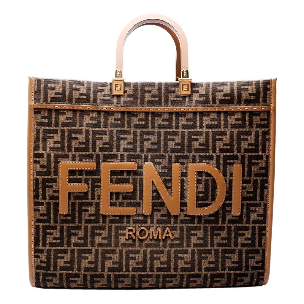 Fendi Fendi Sunshine Large Zucca Jacquard Canvas and Brown Leather Top Handle Tote Bag
