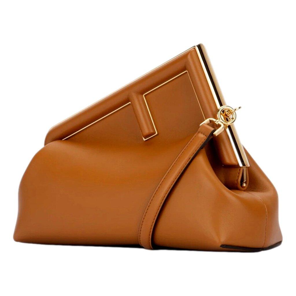 Fendi Fendi First Midi Clutch Crossbody in Caramel Brown Nappa Leather with Gold FF Logo