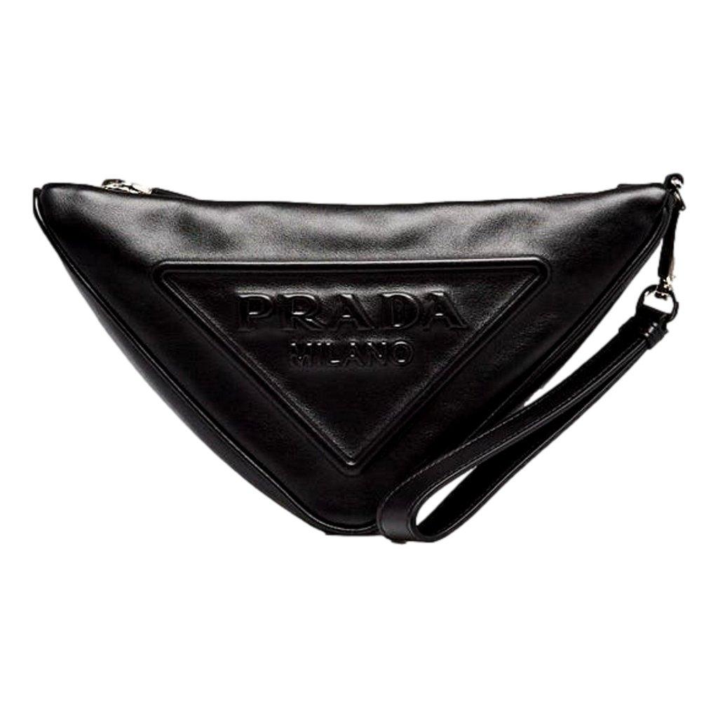 Prada Prada Grace Triangle Leather Pouch Clutch Bag with Embossed Logo Nero Black