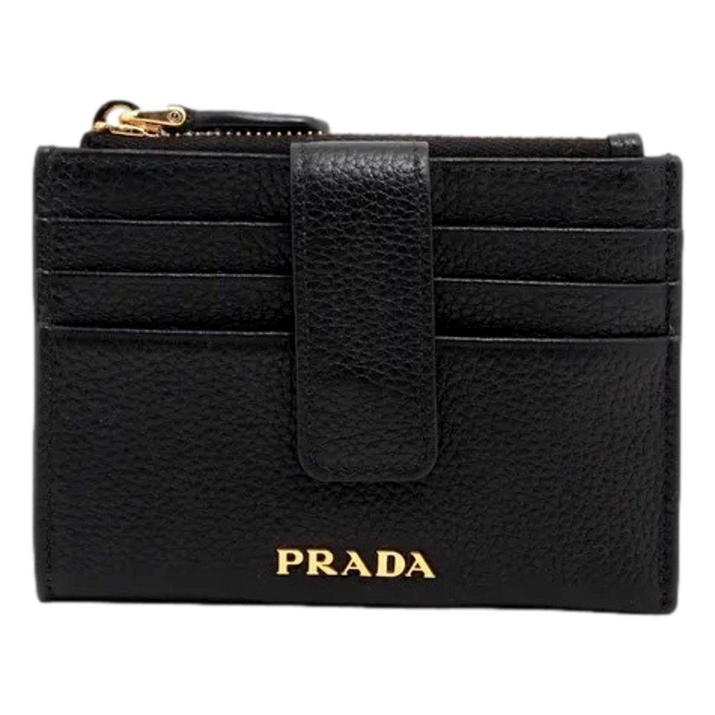 Prada Prada Womens Vitello Grain Nero Black Leather Zip Top Card Wallet