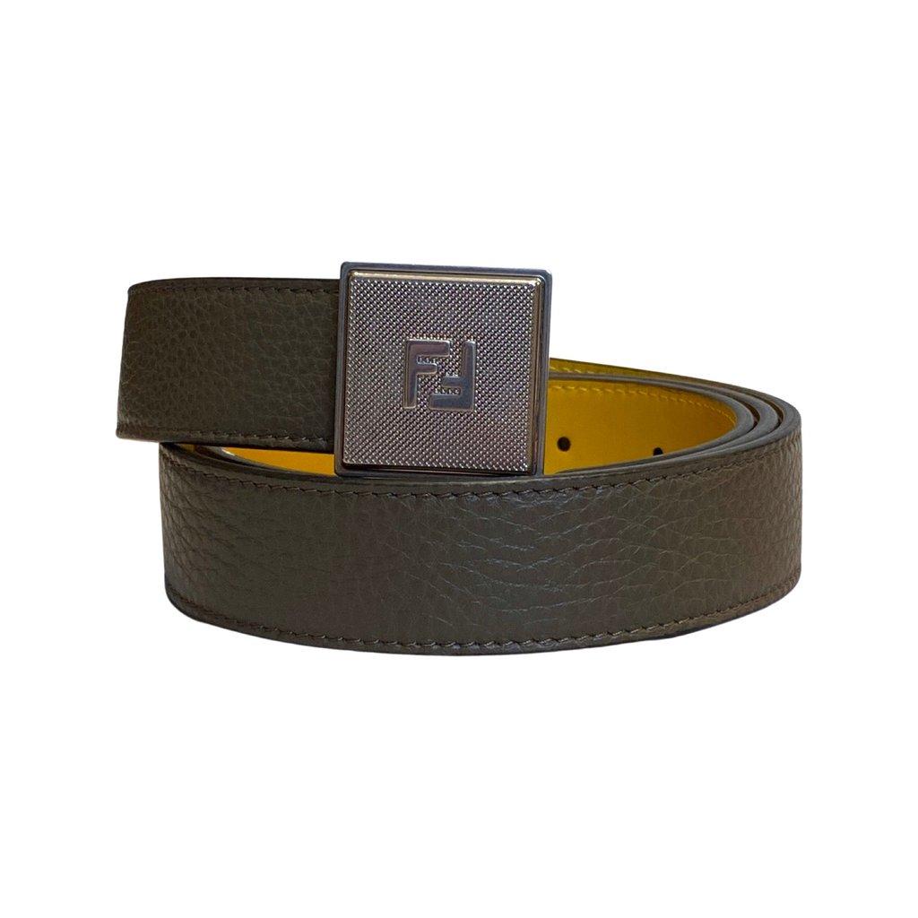 Fendi Fendi Mens Yellow Brown Reversible Grained Leather Belt 95