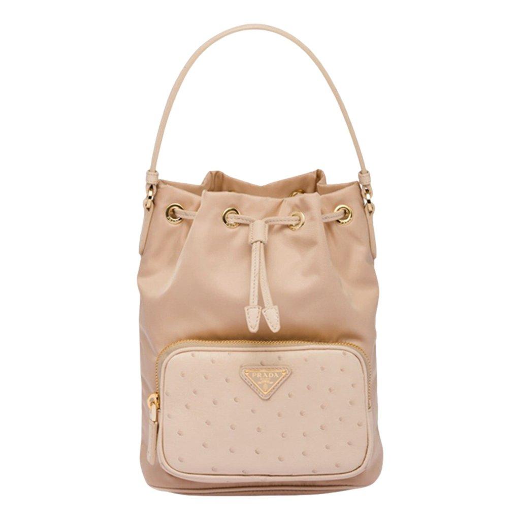 Prada Prada Duet Tessuto Nylon and Ostrich Leather Bucket Bag in Cammeo Beige