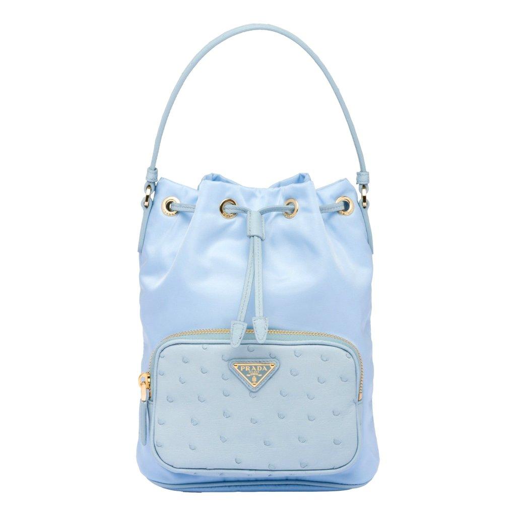 Prada Prada Duet Tessuto Nylon Ostrich Leather Cielo Blue Bucket Bag