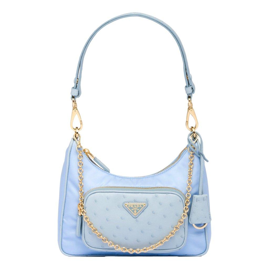 Prada Prada 2Way Tessuto Nylon and Ostrich Leather Shoulder Handbag in Cielo Blue