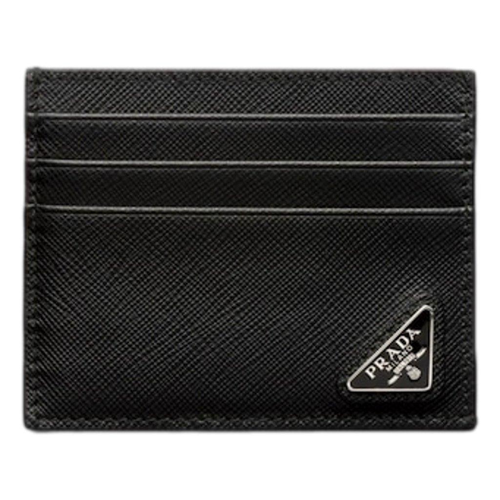 Prada Prada Saffiano Mens Credit Card Wallet Black Nero Silver Triangle Enamel Logo