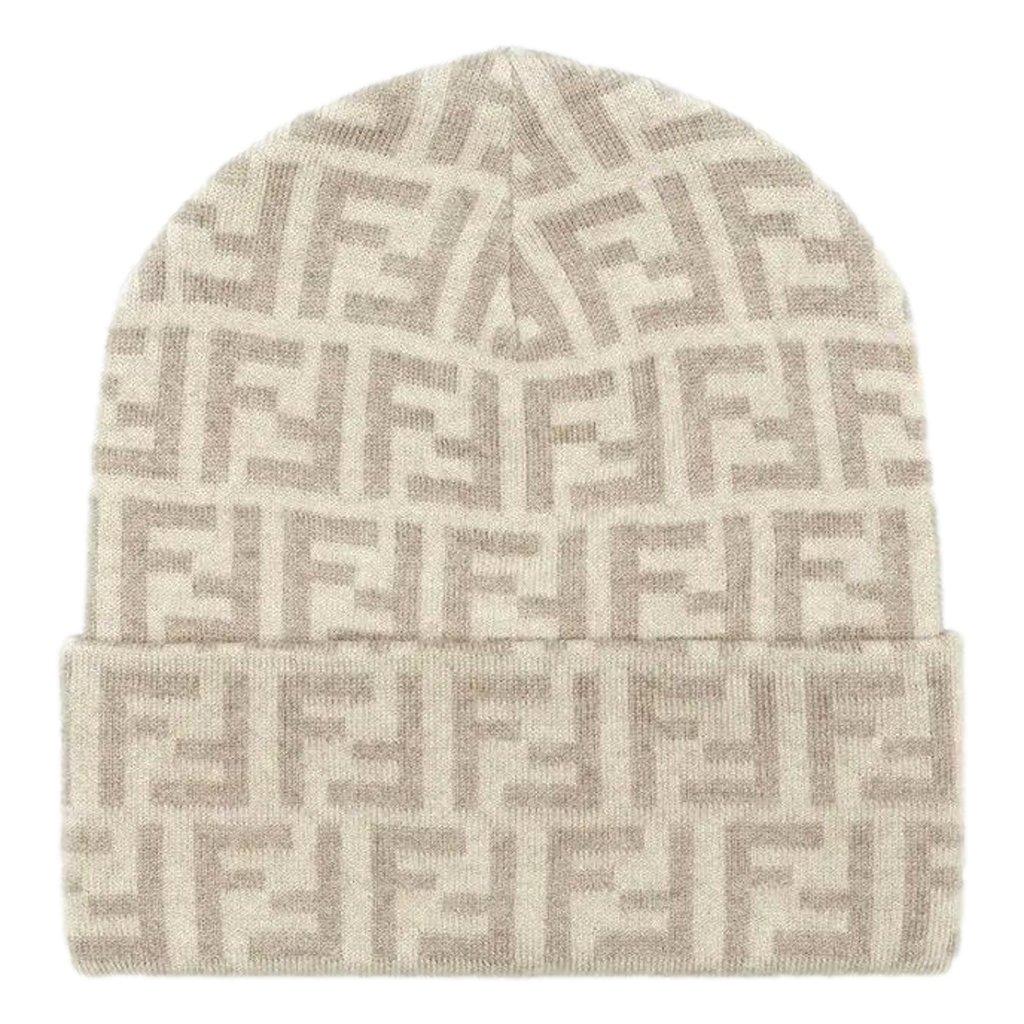Fendi Fendi FF Logo Knit Beanie Hat Beige Wool Blend