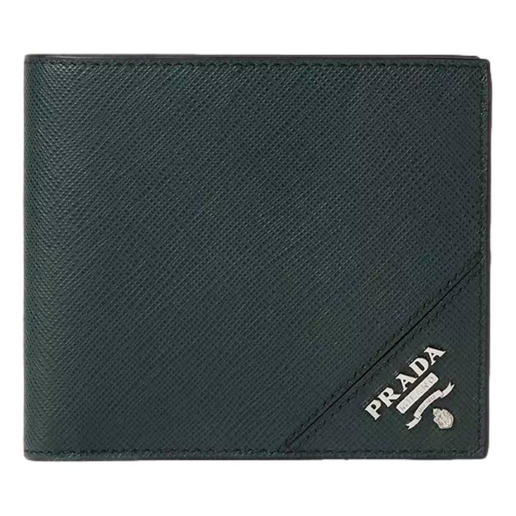Prada Prada Saffiano Leather Dark Green Bifold Wallet Metal Logo