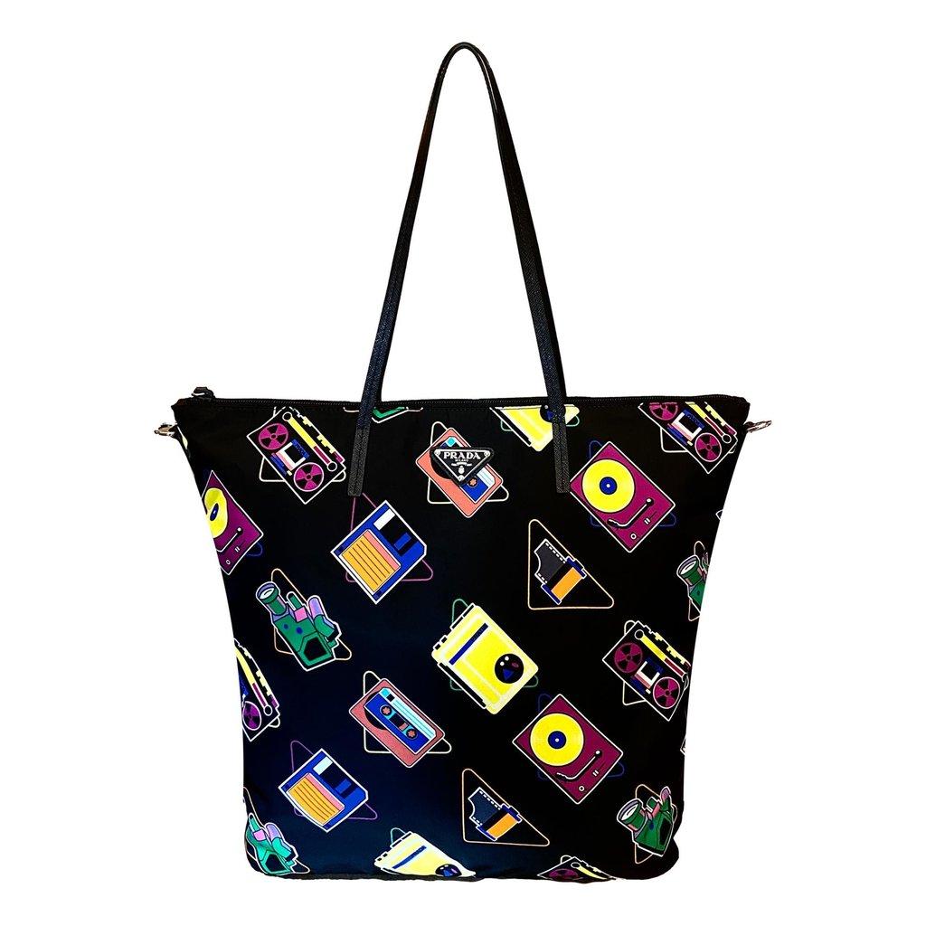 Prada Prada Cassette Print Black Nylon Convertible Shopping Tote Handbag