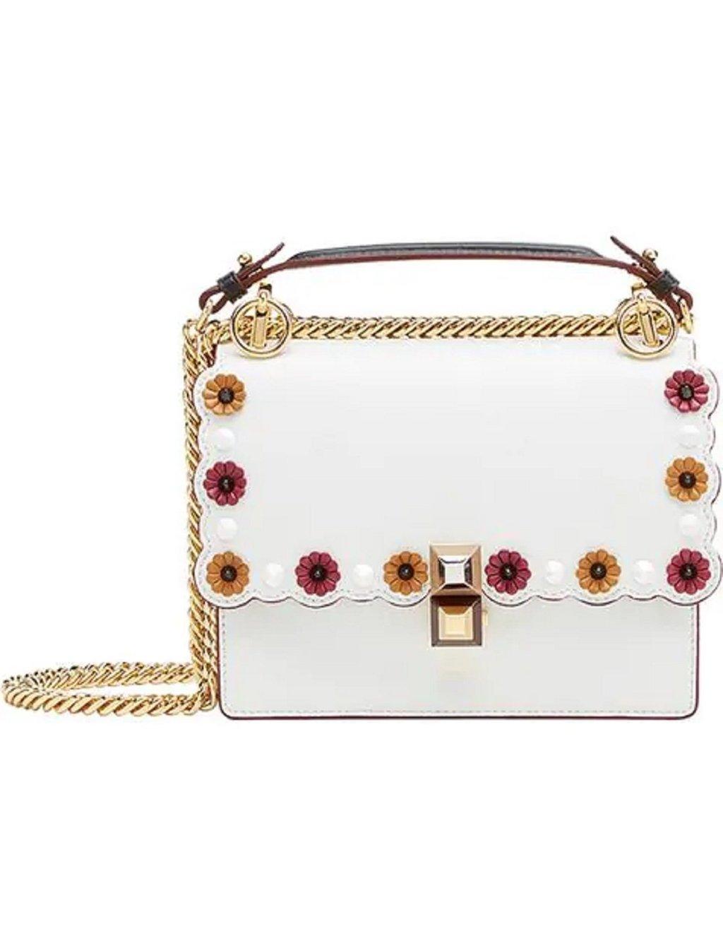 Fendi Fendi Kan I White Multi Color Flowers Leather Chain Bag