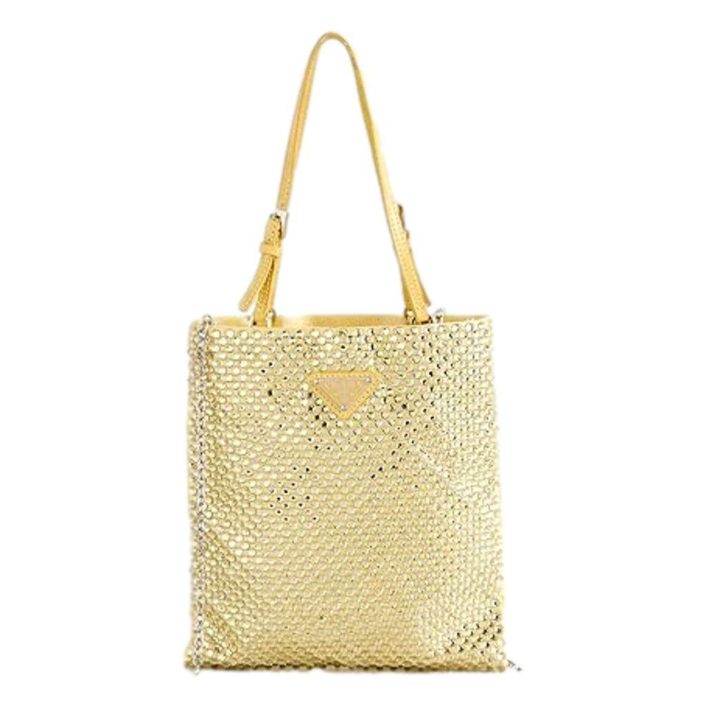 Prada Prada Mini Satin Crystal Embellished Double Handle Crossbody Handbag Yellow