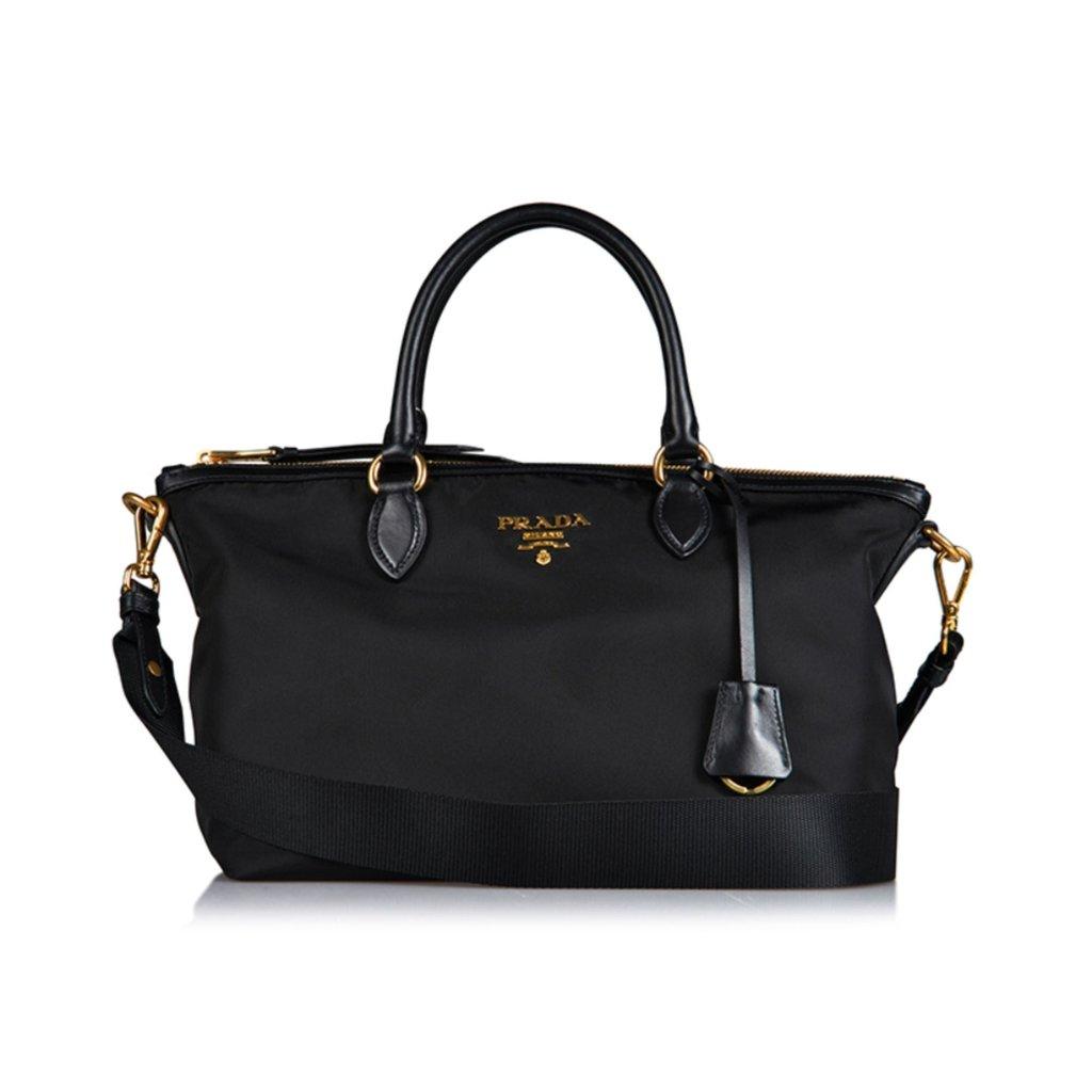 Prada Prada Tessuto Nylon Black Leather Clochette Crossbody Tote Bag